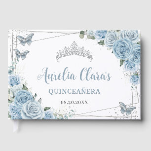 Baby Blue Floral Butterflies Silver Quinceañera Guest Book