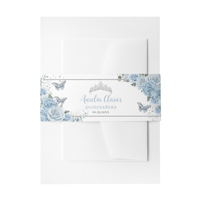 Baby Blue Floral Butterflies Silver Quinceanera Invitation Belly Band (Front Example)