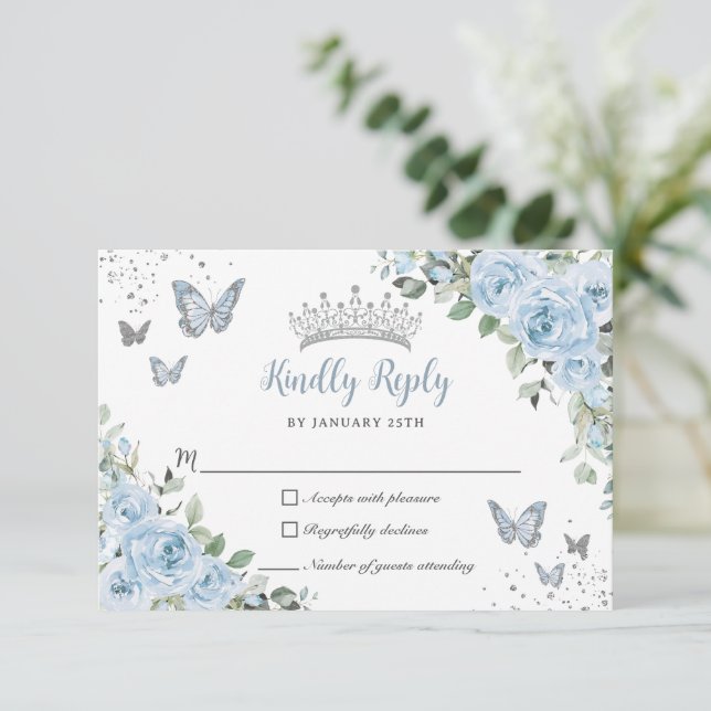 Baby Blue Floral Butterflies Silver Quinceañera RSVP Card (Standing Front)