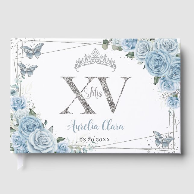 Baby Blue Floral Butterflies Silver Quinceanera XV Guest Book (Front)