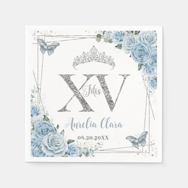 Baby Blue Floral Butterflies Silver Quinceañera XV Napkin (Front)