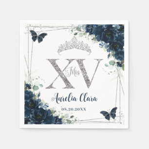 Baby Blue Floral Butterflies Silver Quinceañera XV Napkin