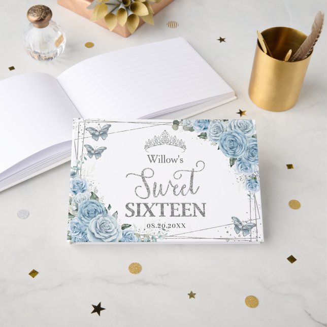Baby Blue Floral Butterflies Silver Sweet Sixteen  Guest Book (Front Open)