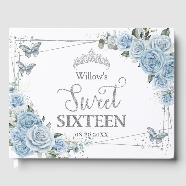 Baby Blue Floral Butterflies Silver Sweet Sixteen  Guest Book (Front)