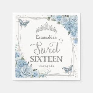 Baby Blue Floral Butterflies Silver Sweet Sixteen  Napkin
