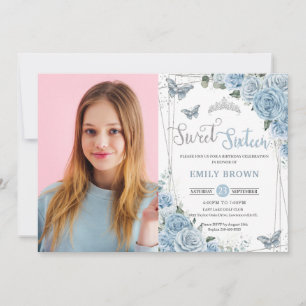Baby Blue Floral Butterflies Sweet sixteen 16th In Invitation