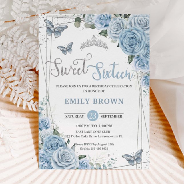 Baby Blue Floral Butterflies Sweet sixteen 16th Invitation (baby blue floral sweet sixteen 16 birthday Cinderella butterflies silver geometric invitation cards)