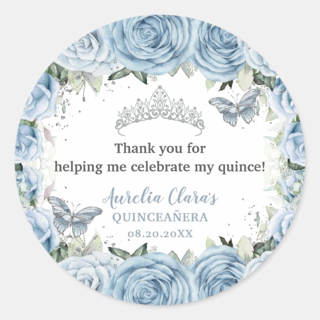 Baby Blue Floral Butterflies Tiara QUINCEAÑERA  Classic Round Sticker (Front)