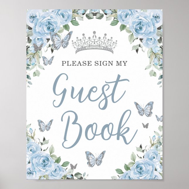 Baby Blue Floral Butterfly Quinceañera Guest Book (Front)