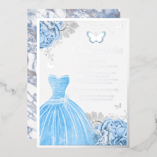 Baby Blue Floral Butterfly Quinceanera Silver (Front/Back)