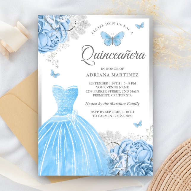 Baby Blue Floral Butterfly Silver Quinceanera Invitation (Creator Uploaded)