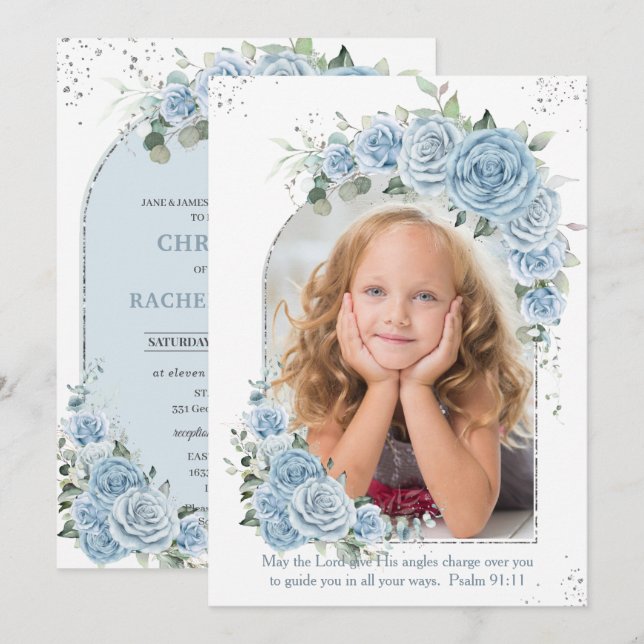 Baby Blue Floral Christening Baptism Photo Arch Invitation (Front/Back)