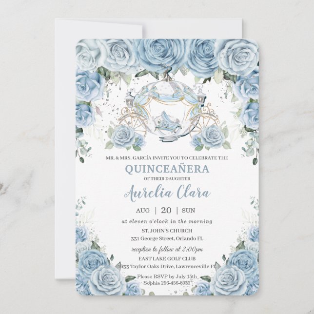 Baby Blue Floral Cinderella Coach Quinceañera  Invitation (Front)