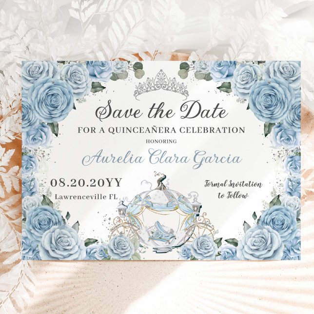 Baby Blue Floral Cinderella Quinceañera Sweet 16 Save The Date (Creator Uploaded)