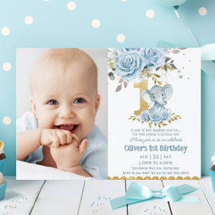 Baby Blue Floral Cute Elephant 1st Birthday Photo Invitation