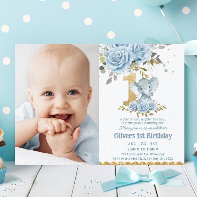 Baby Blue Floral Cute Elephant 1st Birthday Photo Invitation (Creator Uploaded)