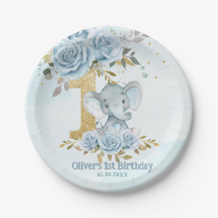Baby Blue Floral Cute Elephant Boy 1st Birthday Paper Plate