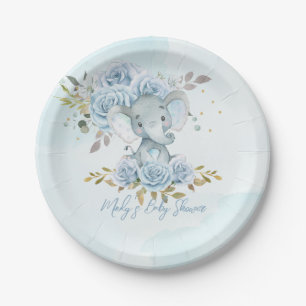 Baby Blue Floral Cute Elephant Boy Baby Shower Pap Paper Plate