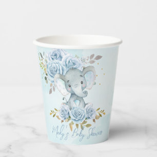 Baby Blue Floral Cute Elephant Boy Baby Shower Paper Cups
