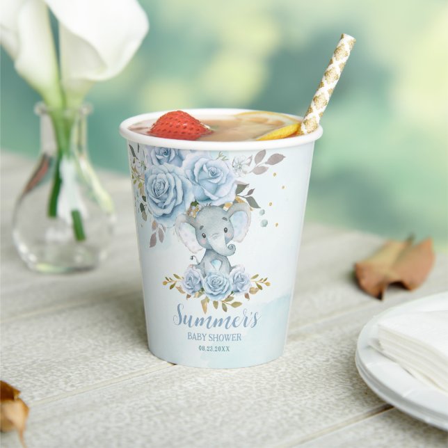 Baby Blue Floral Cute Elephant Boy Baby Shower Paper Cups (Insitu)