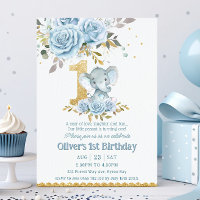 Baby Blue Floral Cute Elephant One 1st Birthday