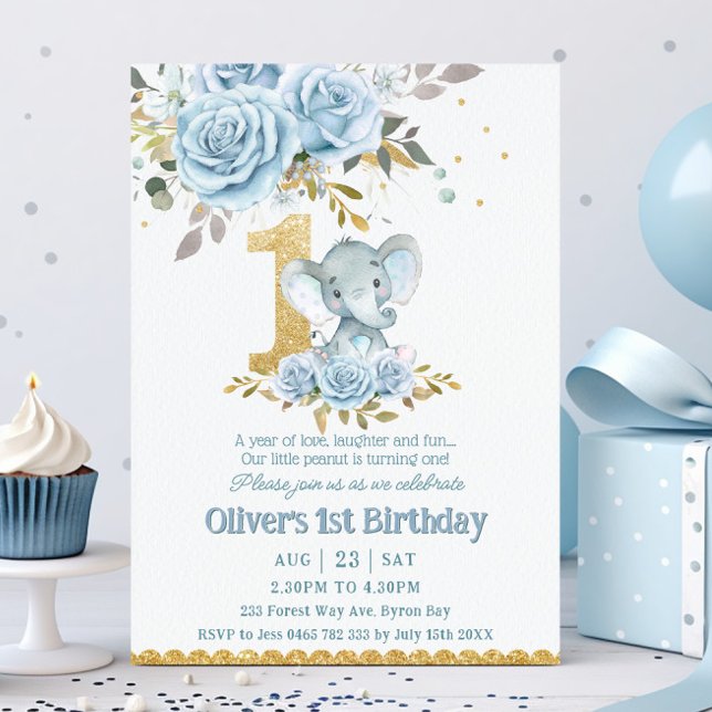 Baby Blue Floral Cute Elephant One 1st Birthday Invitation (Creator Uploaded)