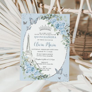 Baby Blue Floral Eiffel Butterflies Quinceañera Invitation
