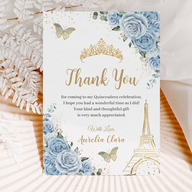 Baby Blue Floral Eiffel Tower Sweet 16 Quinceañera Thank You Card (Creator Uploaded)