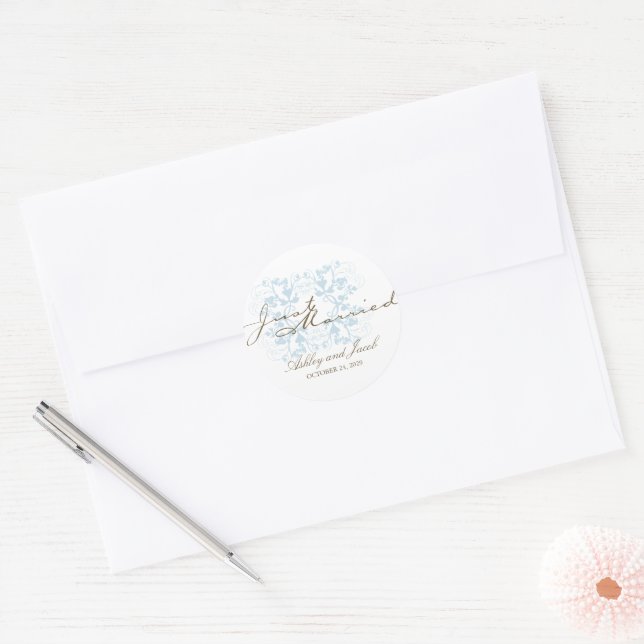 Baby Blue Floral Flourish Wedding Just Married Classic Round Sticker (Envelope)