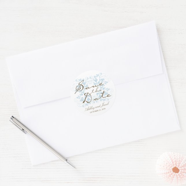 Baby Blue Floral Flourish Wedding Save The Date Classic Round Sticker (Envelope)