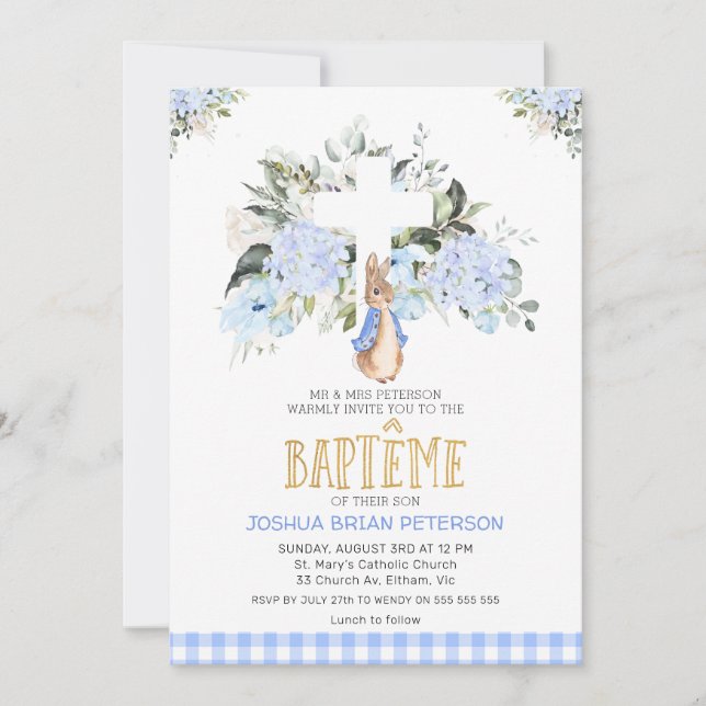 Baby Blue Floral French Peter Rabbit Baptism Invitation (Front)
