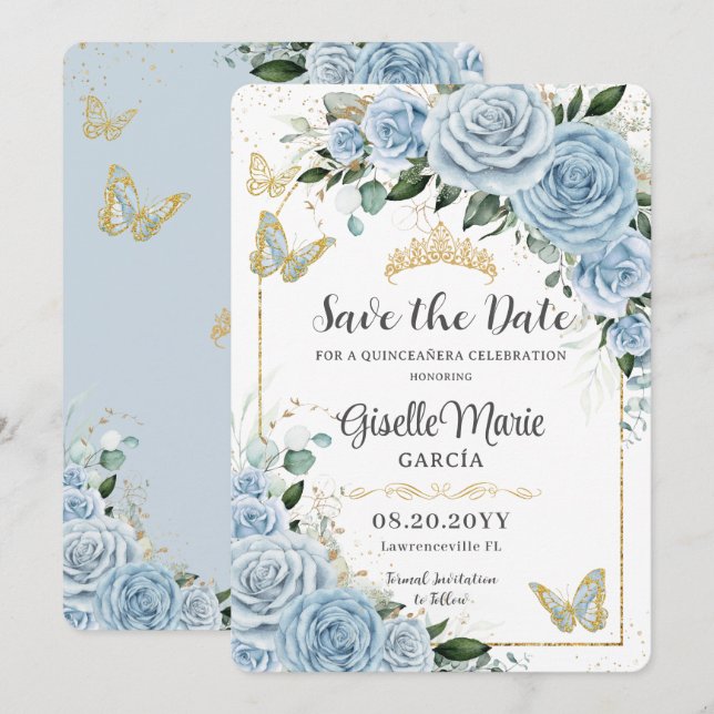 Baby Blue Floral Gold Quinceañera Butterflies Arch Save The Date (Front/Back)