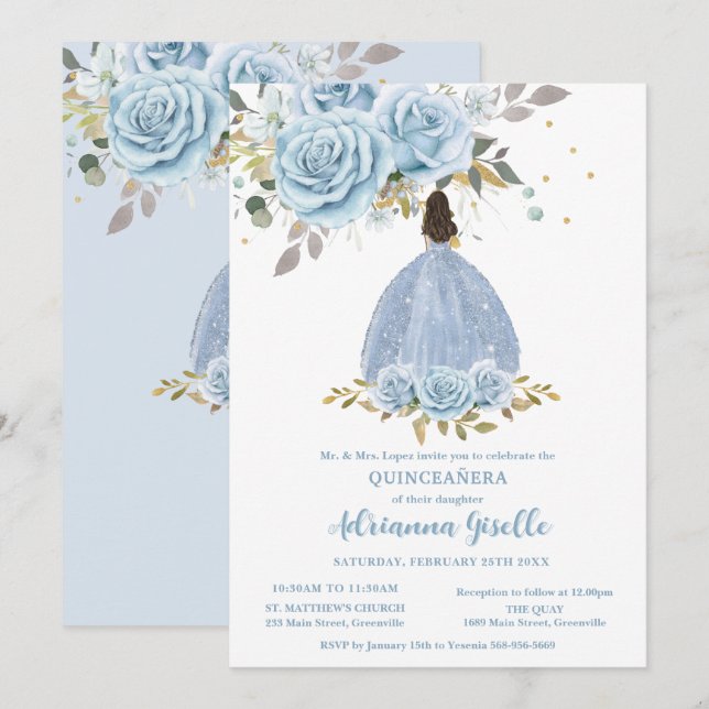 Baby Blue Floral Gold Quinceanera Princess Girl Invitation (Front/Back)