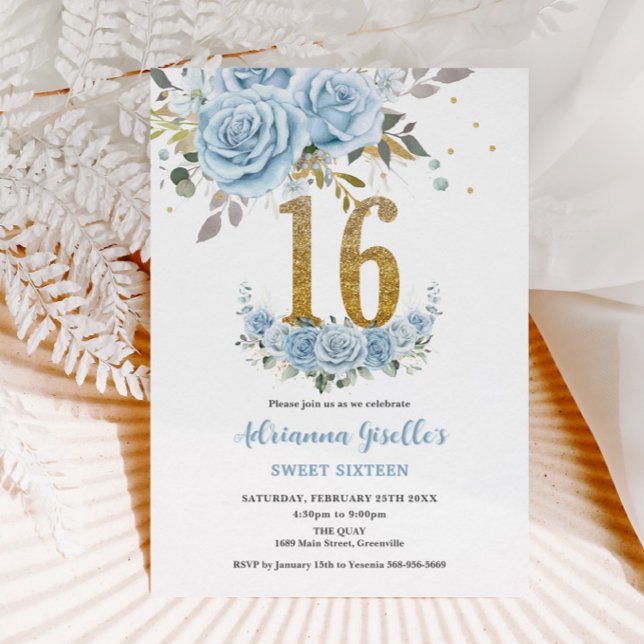 Baby Blue Floral Gold Sweet 16 Sixteen Birthday Invitation (Creator Uploaded)