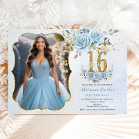 Baby Blue Floral Gold Sweet Sixteen Birthday Photo