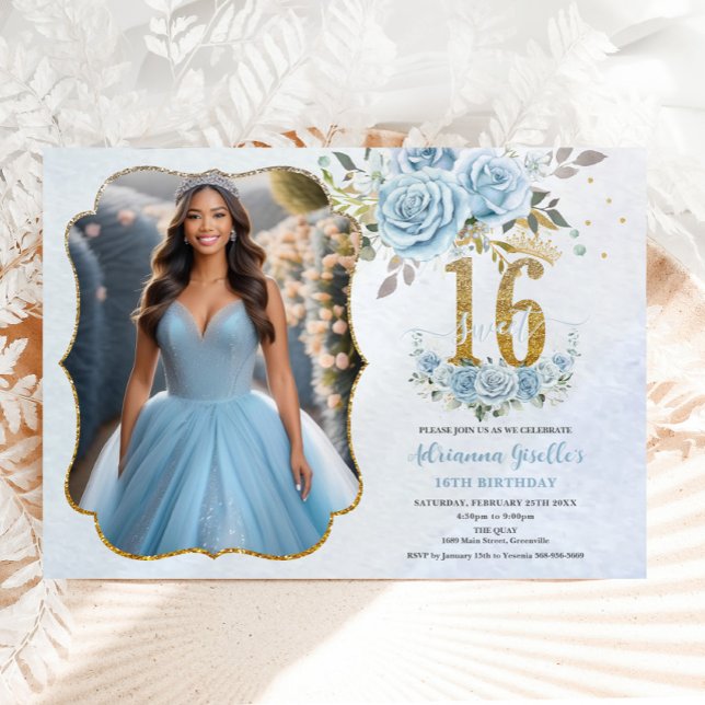 Baby Blue Floral Gold Sweet Sixteen Birthday Photo Invitation (Creator Uploaded)