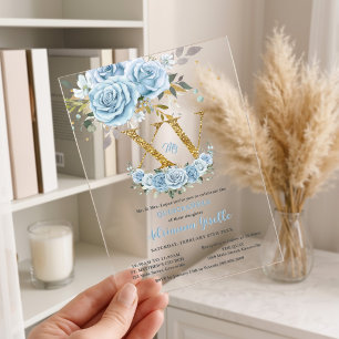 Baby Blue Floral Gold XV Quinceañera Quince 15 Acrylic Invitations