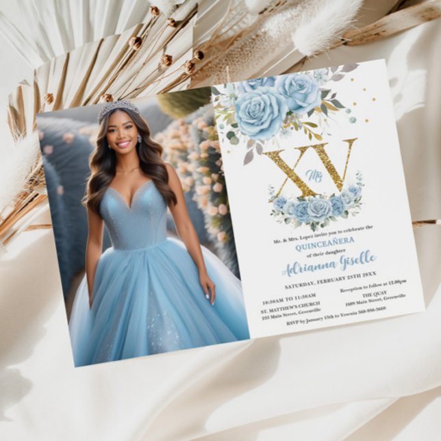 Baby Blue Floral Gold XV Quinceañera Quince Photo Invitation (Creator Uploaded)