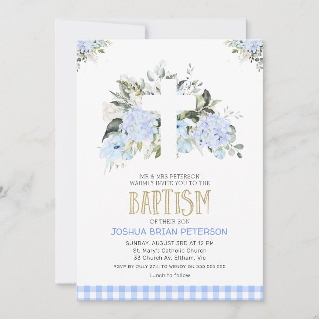 Baby Blue Floral Plaid Cross Baptism Invitation (Front)