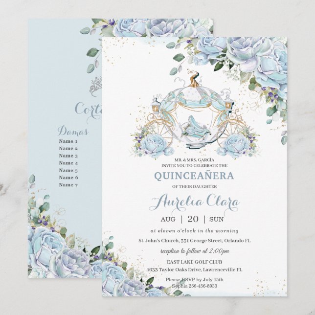 Baby Blue Floral Princess Coach Quinceanera Court  Invitation (Front/Back)