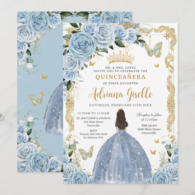 Baby Blue Floral Princess Dress Gold Quinceanera Invitation (Front/Back)