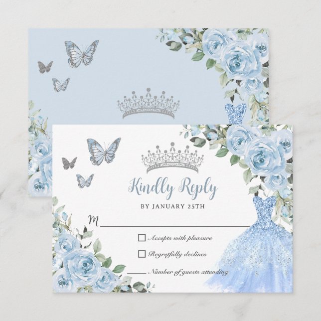 Baby Blue Floral Princess Dress Silver Quinceañera RSVP Card (Front/Back)