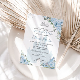 Baby Blue Floral Princess Glass Shoe Quinceañera Invitation