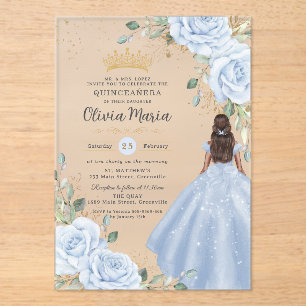 Baby Blue Floral Princess Gown Quinceañera Quince Acrylic Invitations