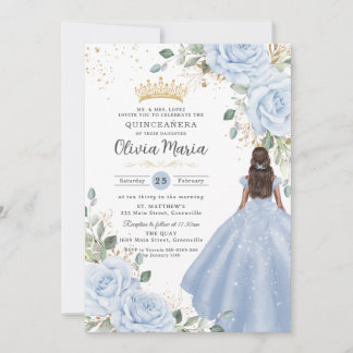 Baby Blue Floral Princess Gown Quinceañera Quince Invitation