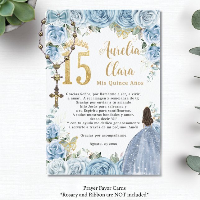 Baby Blue Floral Princess Quinceañera Prayer Card (baby blue roses floral gold 15 XV princess dress quinceanera rosary prayer card favors printed)