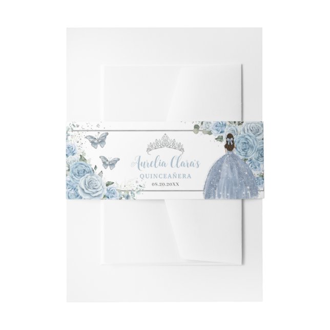 Baby Blue Floral Princess Silver Quinceanera Invitation Belly Band (Front Example)