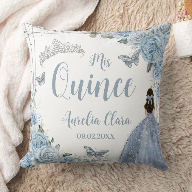 Baby Blue Floral Princess Silver Quinceañera XV Cushion (Blanket)
