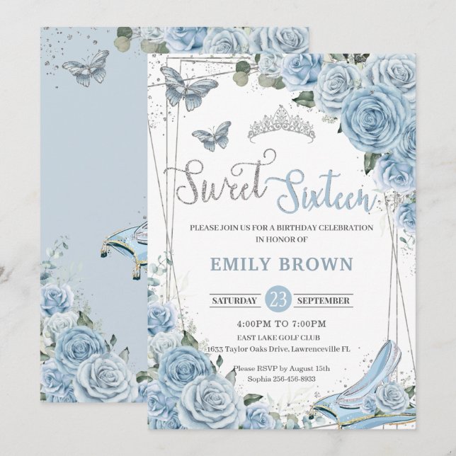 Baby Blue Floral Princess Sweet sixteen 16th Invitation (Front/Back)