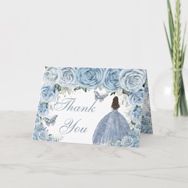 Baby Blue Floral Quinceañera Birthday Princess  Thank You Card (Front)